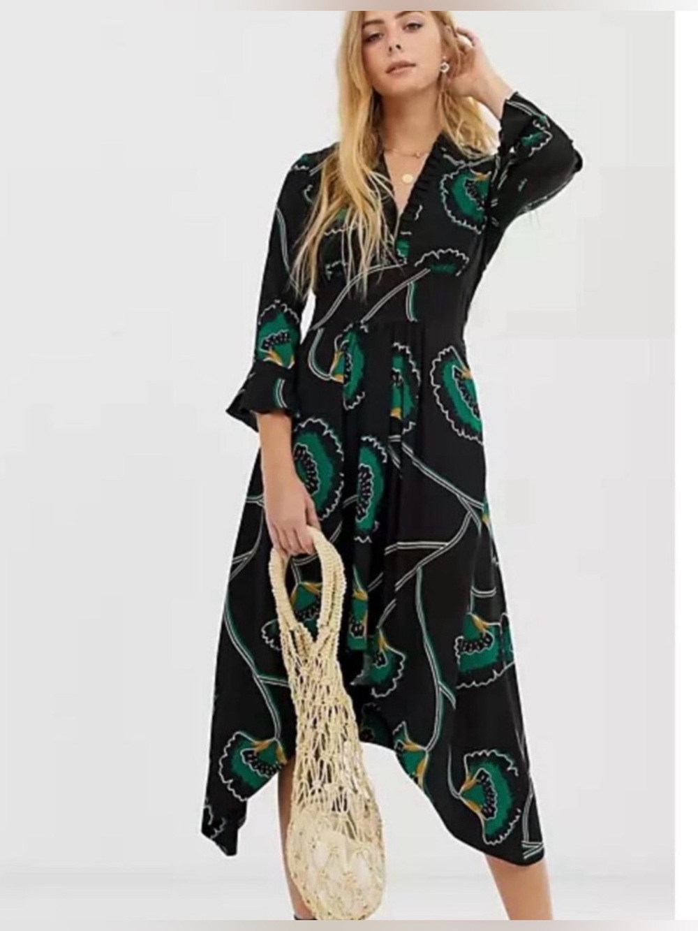 ba&sh Black Midi Dress with Green Floral Print Size 1 fits like a small